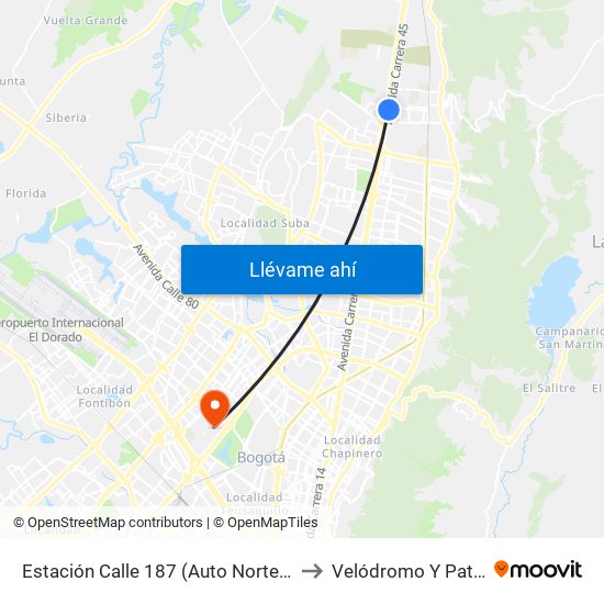 Estación Calle 187 (Auto Norte - Cl 187 Bis) (A) to Velódromo Y Patinódromo map