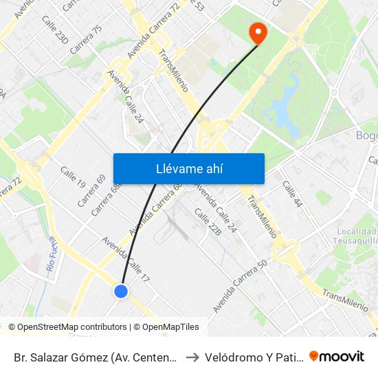 Br. Salazar Gómez (Av. Centenario - Kr 65) (A) to Velódromo Y Patinódromo map