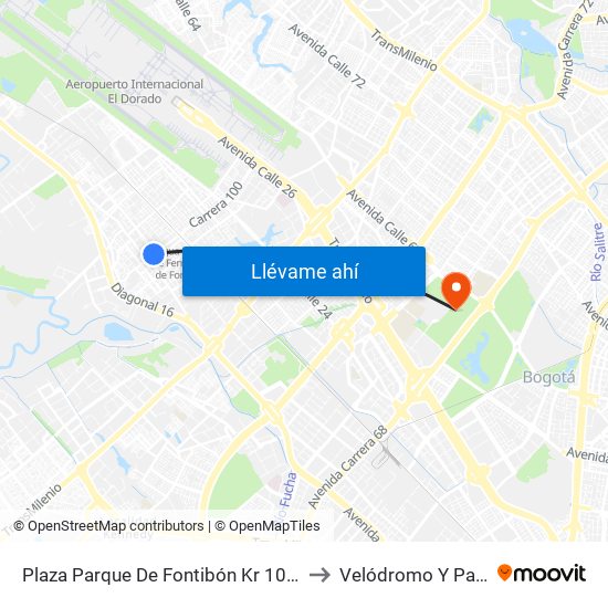 Plaza Parque De Fontibón Kr 100 (Kr 100 - Cl 17a) to Velódromo Y Patinódromo map