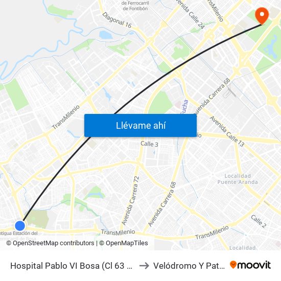 Hospital Pablo VI Bosa (Cl 63 Sur - Kr 77g) (A) to Velódromo Y Patinódromo map