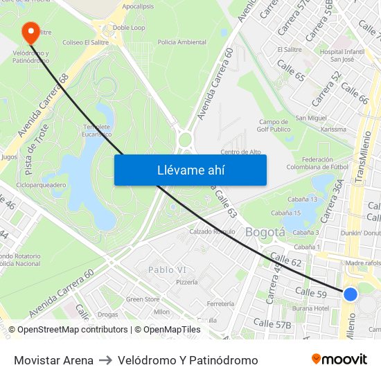 Movistar Arena to Velódromo Y Patinódromo map