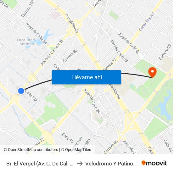 Br. El Vergel (Av. C. De Cali - Cl 18) to Velódromo Y Patinódromo map