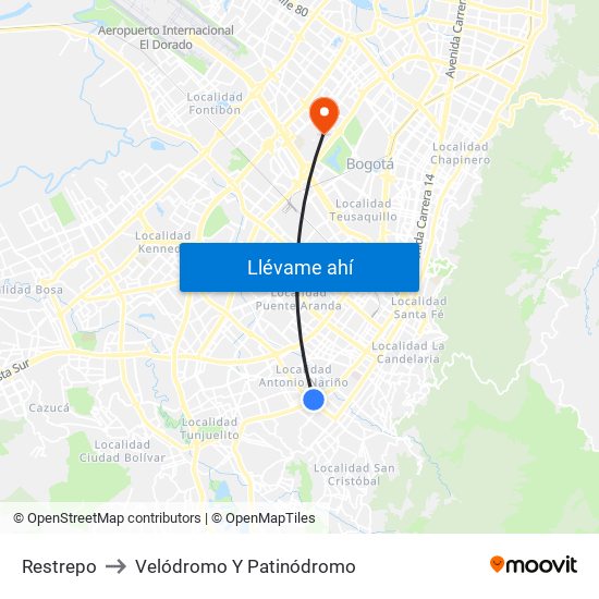 Restrepo to Velódromo Y Patinódromo map