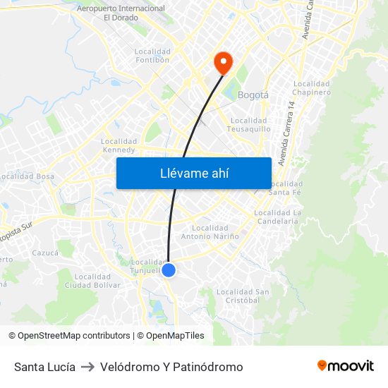 Santa Lucía to Velódromo Y Patinódromo map
