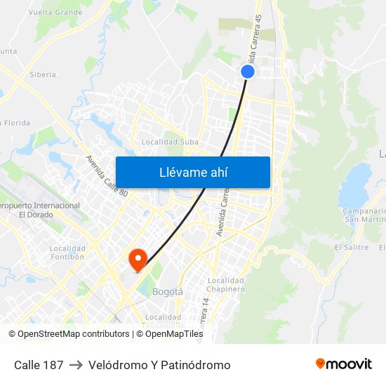 Calle 187 to Velódromo Y Patinódromo map