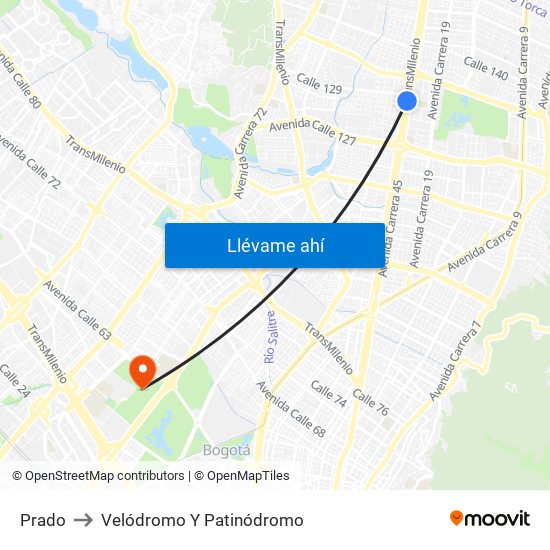 Prado to Velódromo Y Patinódromo map