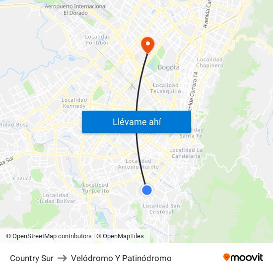 Country Sur to Velódromo Y Patinódromo map