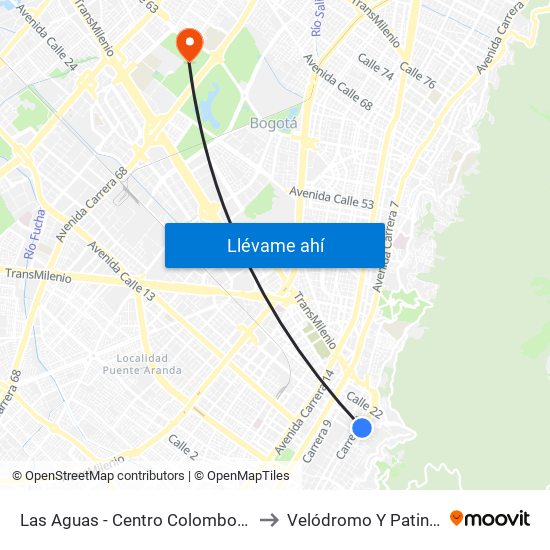 Las Aguas - Centro Colombo Americano to Velódromo Y Patinódromo map