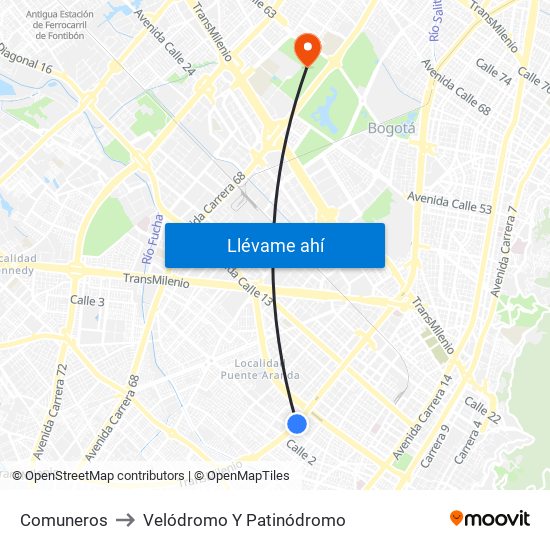 Comuneros to Velódromo Y Patinódromo map