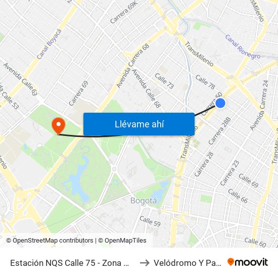 Estación NQS Calle 75 - Zona M (Av. NQS - Cl 75) to Velódromo Y Patinódromo map