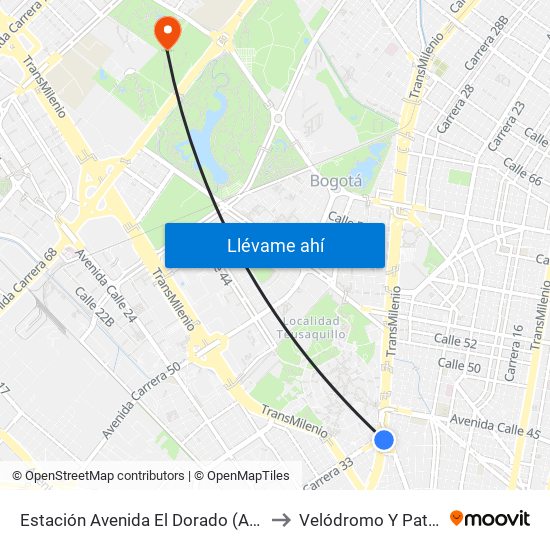 Estación Avenida El Dorado (Av. NQS - Cl 40a) to Velódromo Y Patinódromo map