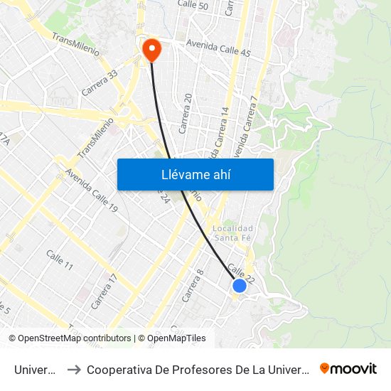 Universidades to Cooperativa De Profesores De La Universidad Nacional De Colombia map