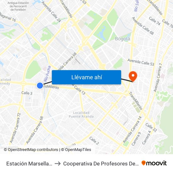 Estación Marsella (Av. Américas - Kr 69b) to Cooperativa De Profesores De La Universidad Nacional De Colombia map