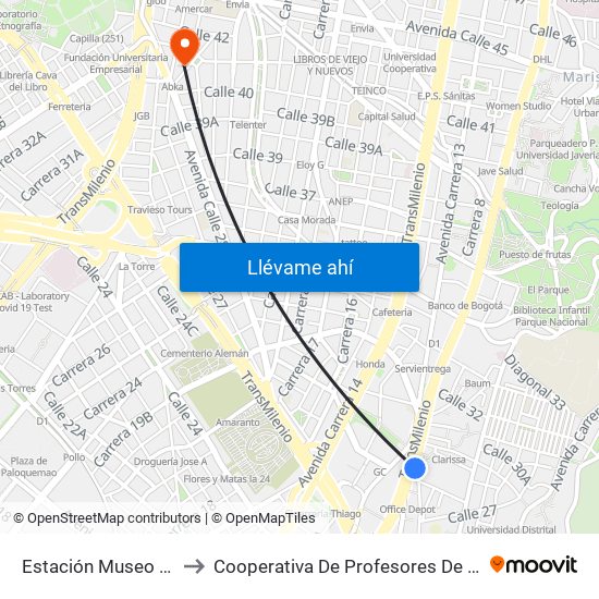 Estación Museo Nacional (Ak 7 - Cl 29) to Cooperativa De Profesores De La Universidad Nacional De Colombia map
