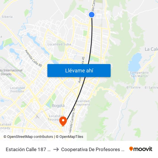 Estación Calle 187 (Auto Norte - Cl 187 Bis) (A) to Cooperativa De Profesores De La Universidad Nacional De Colombia map