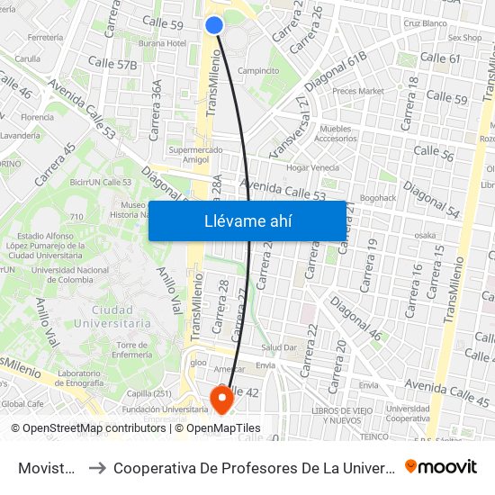 Movistar Arena to Cooperativa De Profesores De La Universidad Nacional De Colombia map