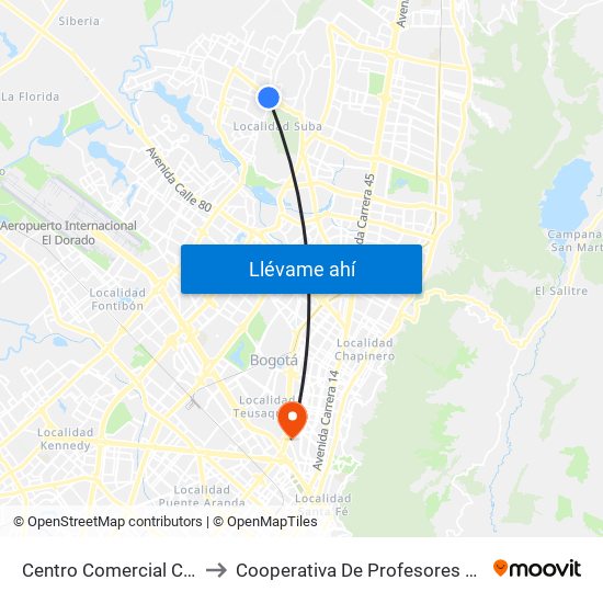 Centro Comercial Centro Suba (Av. Suba - Kr 91) to Cooperativa De Profesores De La Universidad Nacional De Colombia map