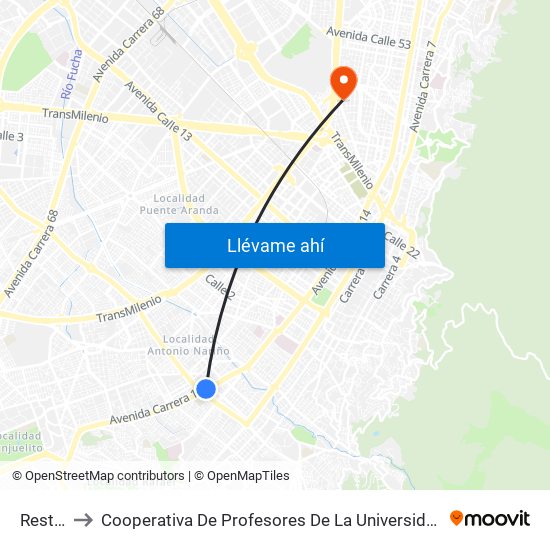 Restrepo to Cooperativa De Profesores De La Universidad Nacional De Colombia map