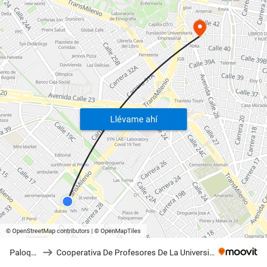 Paloquemao to Cooperativa De Profesores De La Universidad Nacional De Colombia map