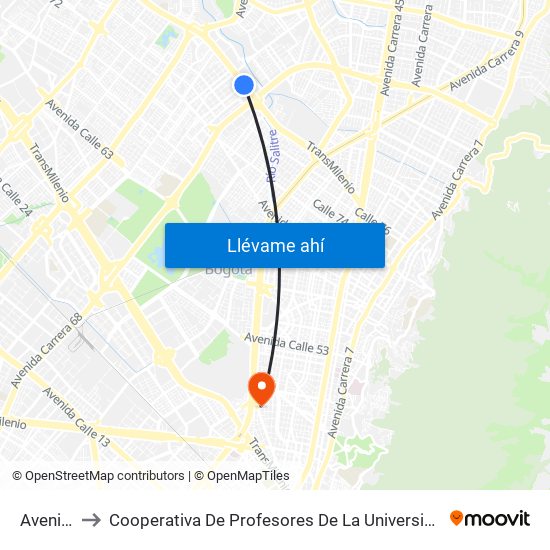 Avenida 68 to Cooperativa De Profesores De La Universidad Nacional De Colombia map