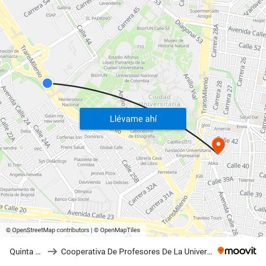 Quinta Paredes to Cooperativa De Profesores De La Universidad Nacional De Colombia map