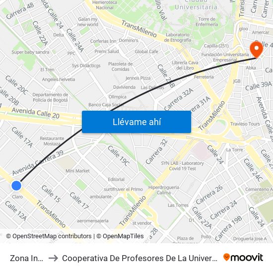 Zona Industrial to Cooperativa De Profesores De La Universidad Nacional De Colombia map