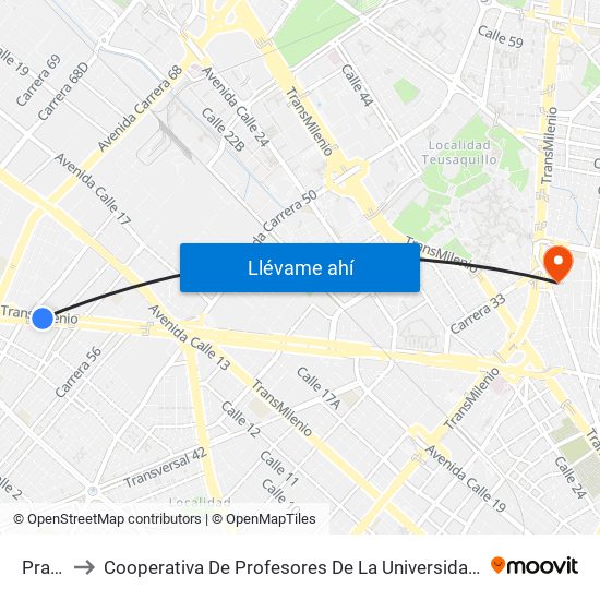 Pradera to Cooperativa De Profesores De La Universidad Nacional De Colombia map