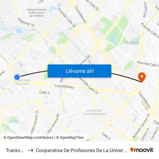 Transversal 86 to Cooperativa De Profesores De La Universidad Nacional De Colombia map