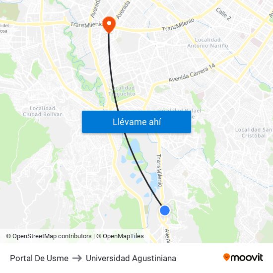 Portal De Usme to Universidad Agustiniana map