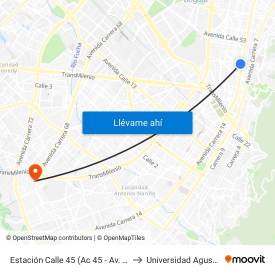 Estación Calle 45 (Ac 45 - Av. Caracas) to Universidad Agustiniana map