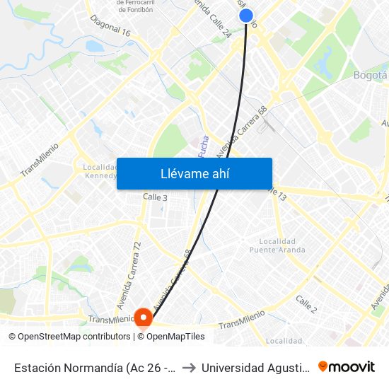 Estación Normandía (Ac 26 - Kr 74) to Universidad Agustiniana map