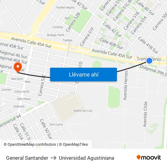 General Santander to Universidad Agustiniana map