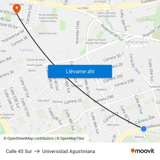 Calle 40 Sur to Universidad Agustiniana map