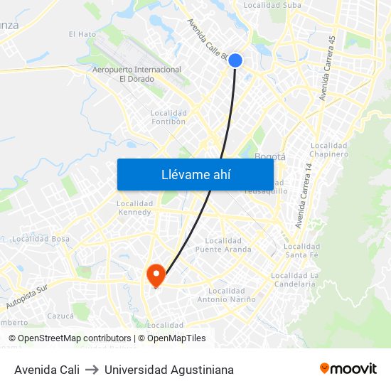 Avenida Cali to Universidad Agustiniana map