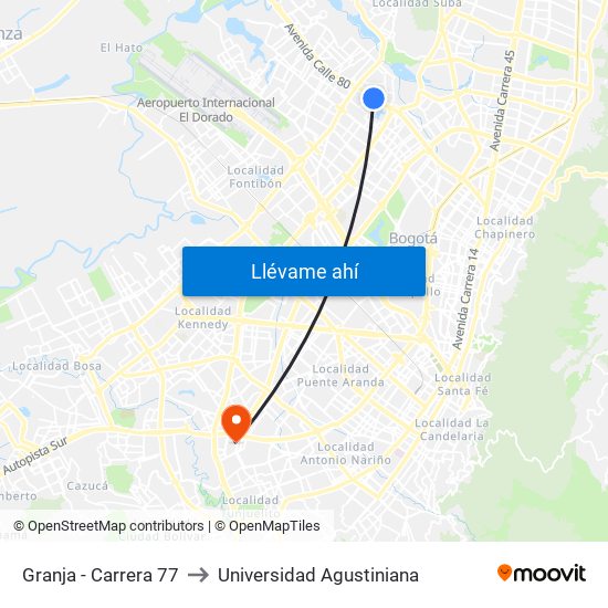 Granja - Carrera 77 to Universidad Agustiniana map
