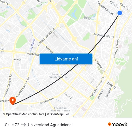 Calle 72 to Universidad Agustiniana map