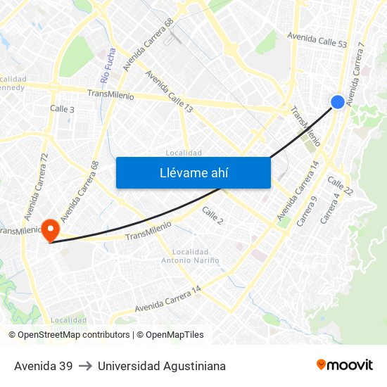 Avenida 39 to Universidad Agustiniana map
