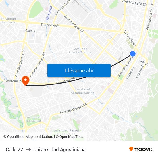 Calle 22 to Universidad Agustiniana map