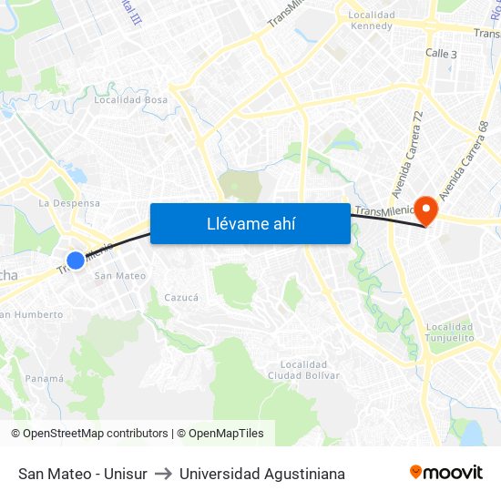 San Mateo - Unisur to Universidad Agustiniana map