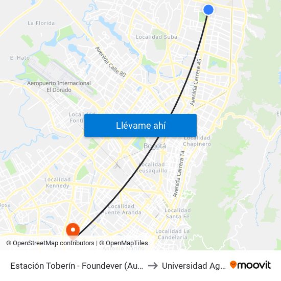 Estación Toberín - Foundever (Auto Norte - Cl 166) to Universidad Agustiniana map