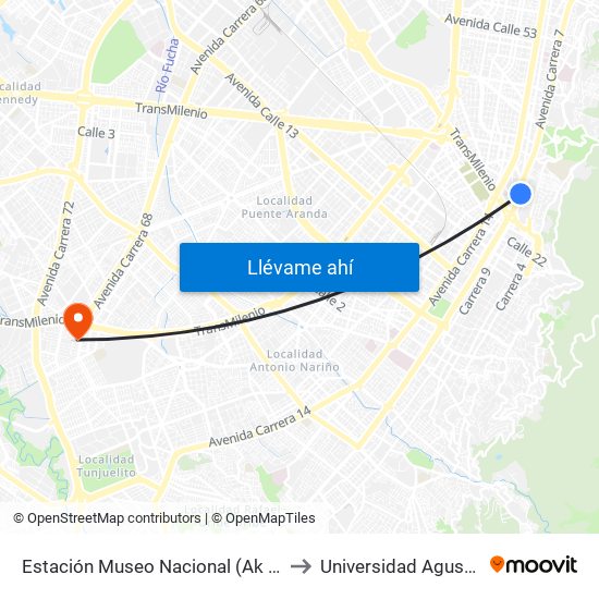 Estación Museo Nacional (Ak 7 - Cl 29) to Universidad Agustiniana map
