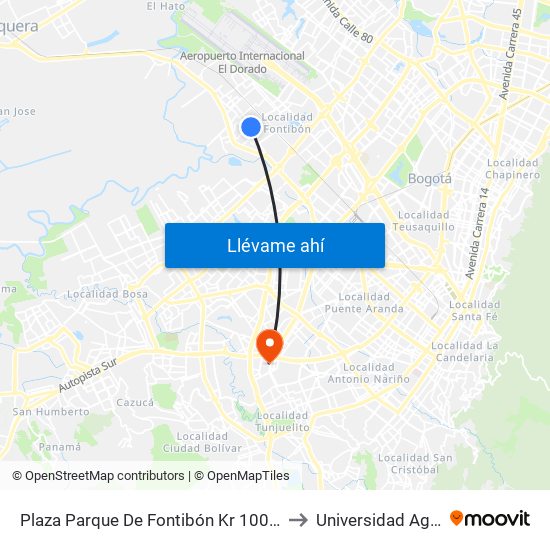Plaza Parque De Fontibón Kr 100 (Kr 100 - Cl 17a) to Universidad Agustiniana map