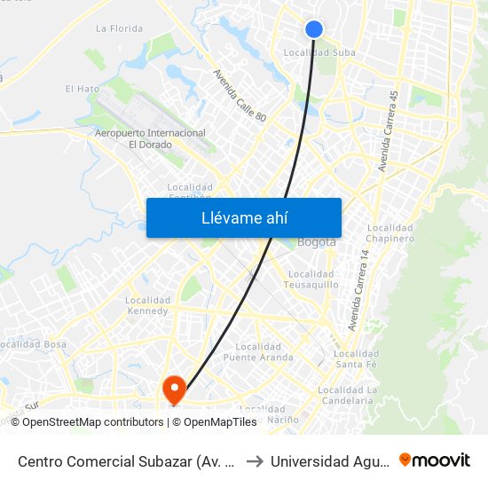 Centro Comercial Subazar (Av. Suba - Kr 91) to Universidad Agustiniana map
