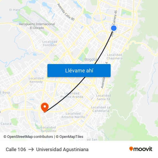 Calle 106 to Universidad Agustiniana map