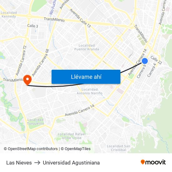 Las Nieves to Universidad Agustiniana map