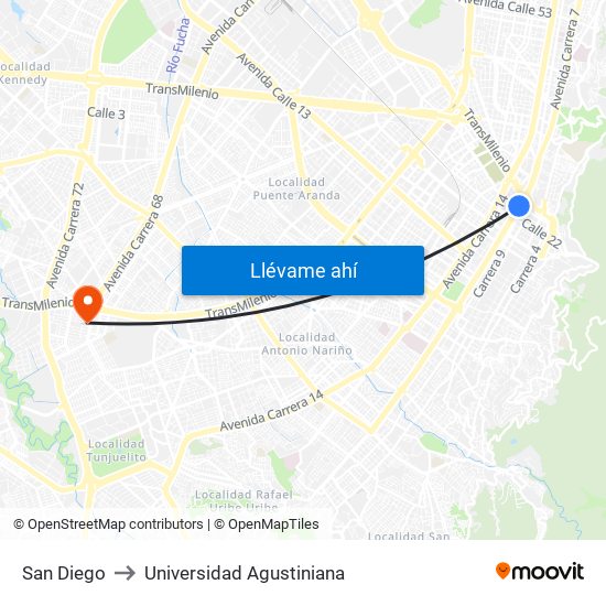 San Diego to Universidad Agustiniana map