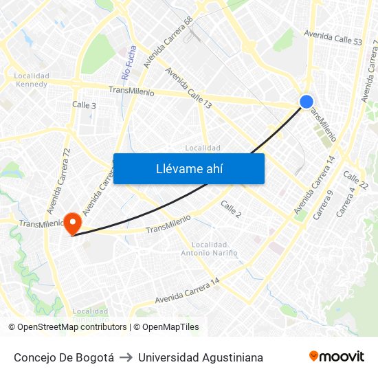 Concejo De Bogotá to Universidad Agustiniana map