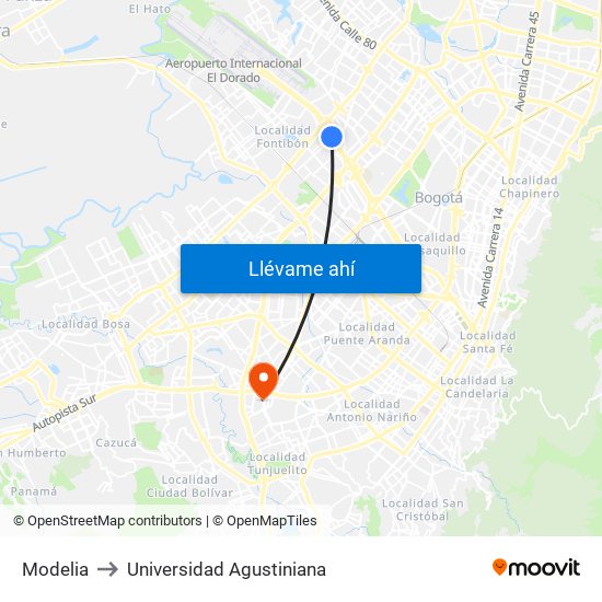 Modelia to Universidad Agustiniana map