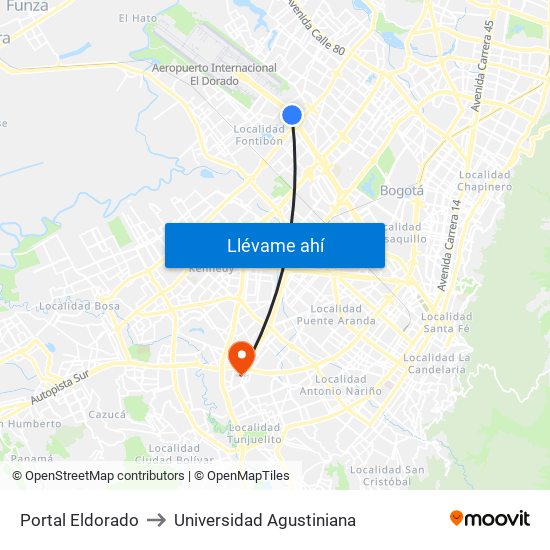 Portal Eldorado to Universidad Agustiniana map