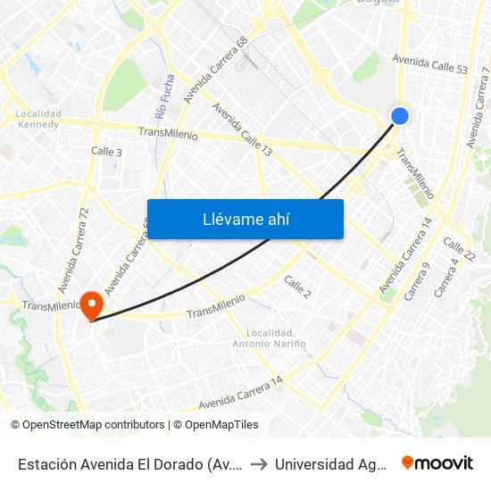 Estación Avenida El Dorado (Av. NQS - Cl 40a) to Universidad Agustiniana map